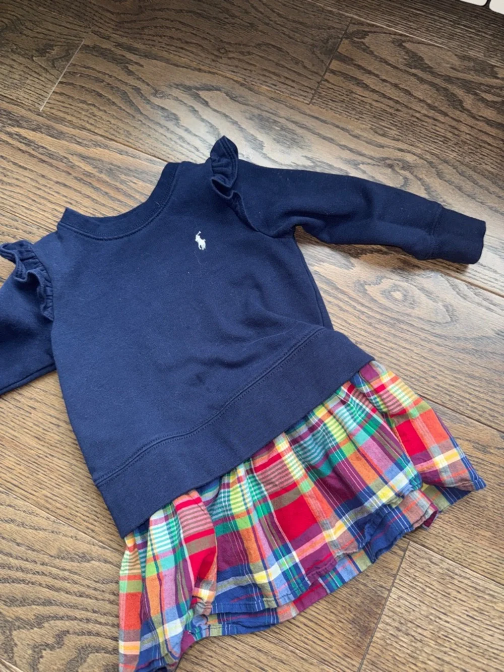 Ralph Lauren Navy Ruffle Shoulder Sweatshirt dress Multicolor Plaid Skirt 2T